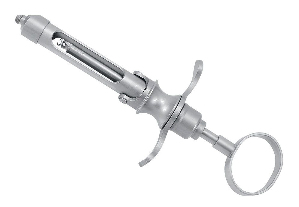 Stainless Corkscrew Tip Aspiration Cartridge Syringe – 1.8ccm, Imperial Thread Thumb Ring Handle